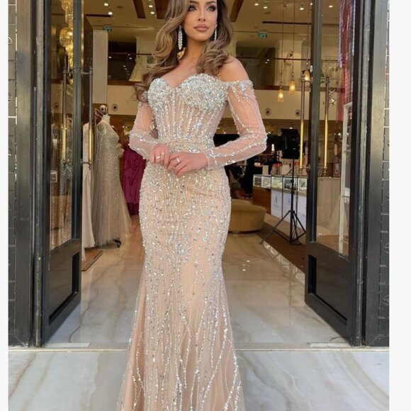 Heavy Champagne Mermaid Tulle Prom Dress Long Sleeve Sweetheart Strapless Dress - Picture 3 of 4